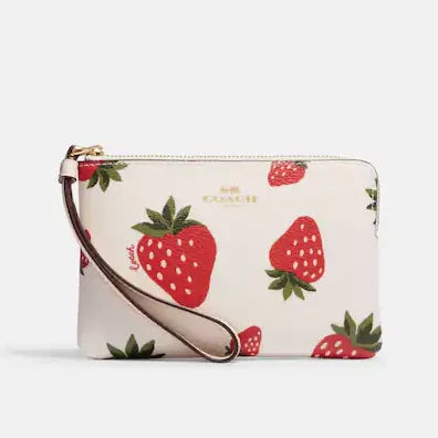 Coach Corner Zip Wristlet In Signature popular Canvas With Wild Strawberry Print