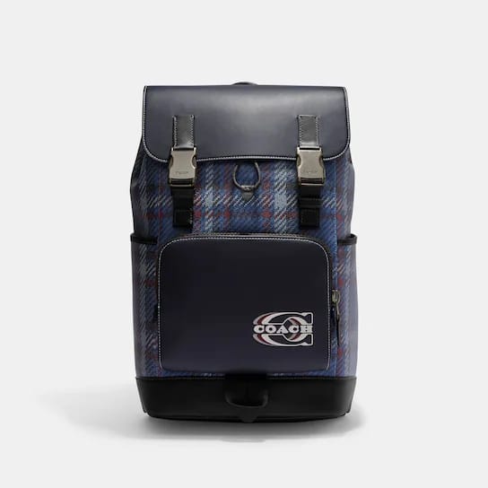 COACH Track Backpack With Plaid Print And Coach Stamp