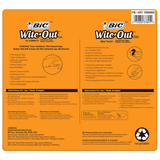 BIC WITE-OUT CORRECTION TAPE PACK OF 10 改錯帶 10件裝