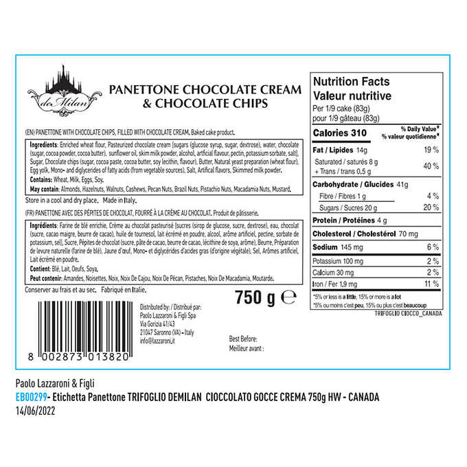 De Milan Panettone Chocolate 意大利自然發酵奶油和巧克力蛋糕 750g