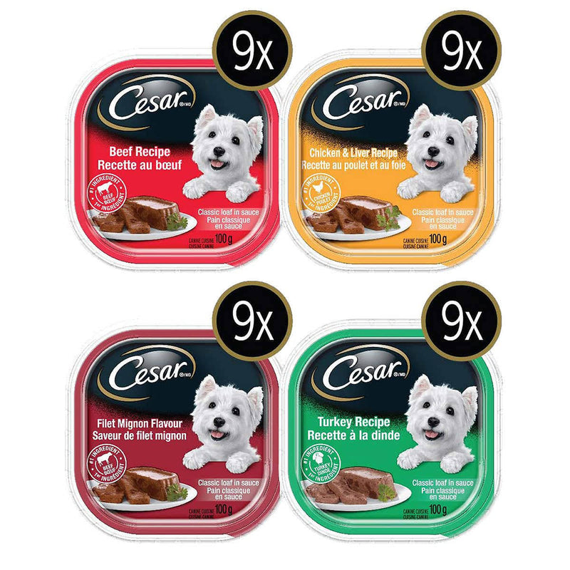 Cesar Classic Loaf in Sauce Soft Wet Dog Food Variety Pack- 36x100g 西莎罐頭狗狗糧食 36盒裝