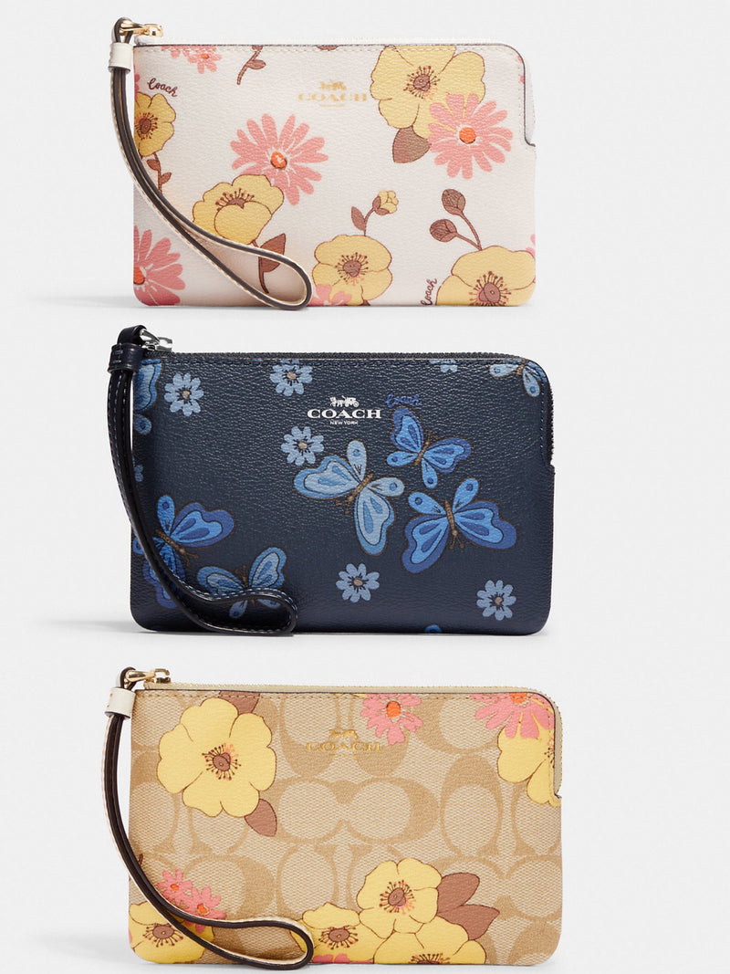 Coach Corner Zip Wristlet With Floral Cluster Print