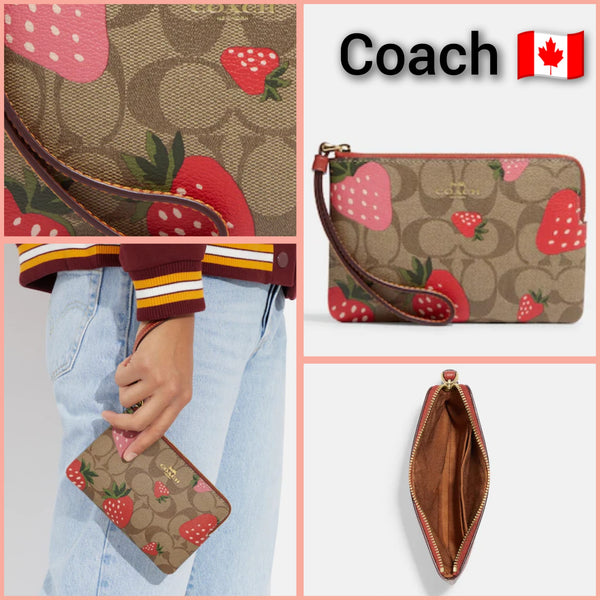 Coach Corner Zip Wristlet In Signature Canvas With Wild Strawberry