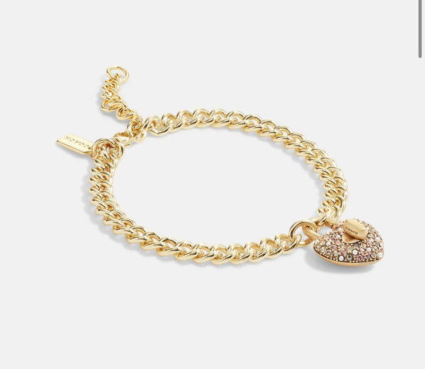 Coach Heart Turnlock Pavé Chain Link Bracelet