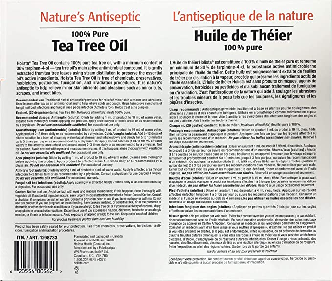 Holista 100% PURE Tea Tree Oil 100mL 加拿大製造100% 純正茶樹油 100ml