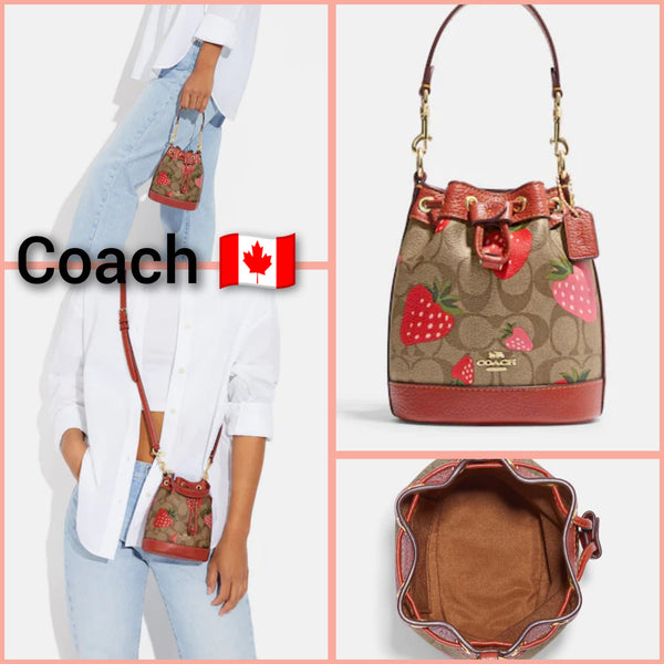 Coach Mini Dempsey Bucket Bag In Signature Canvas With Wild Strawberry Print