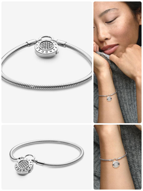 Pandora Moments Pavé Padlock Clasp Snake Chain Bracelet-Size : 8.3in