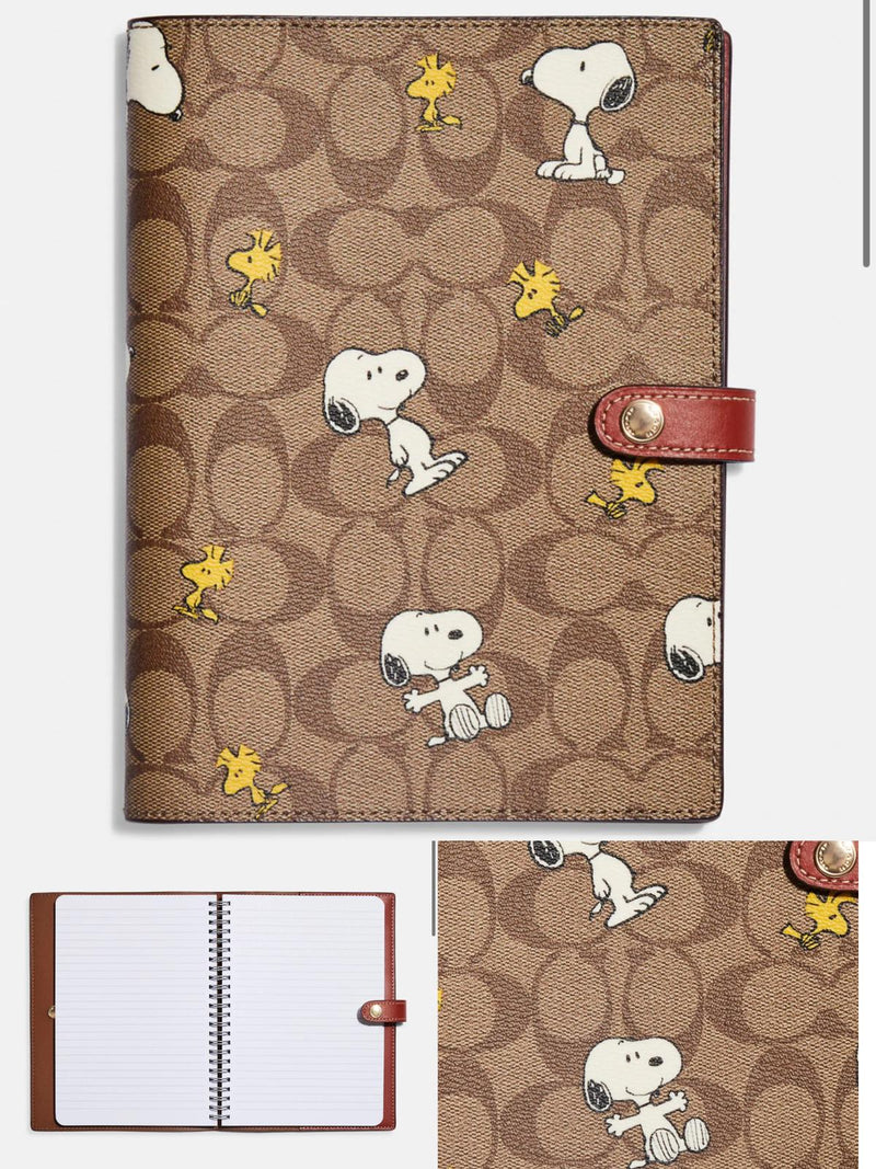 Coach X Peanuts Notebook In Signature Canvas With Snoopy Woodstock Print (Khaki)