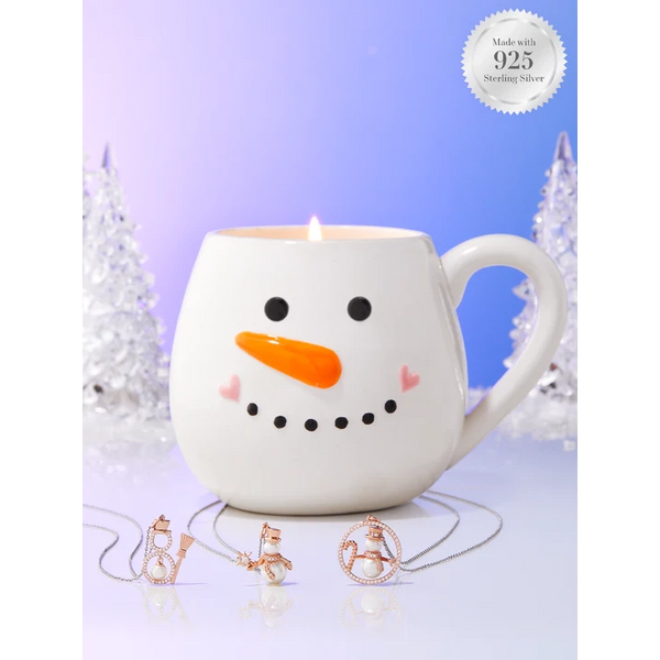 Charmed Aroma Snowman Mug Candle - 925 Sterling Silver Pearl Snowman Necklace Collection