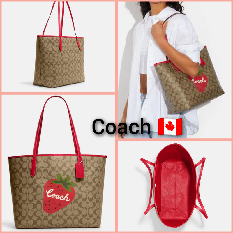 Coach City Tote In Signature Canvas With Wild Strawberry