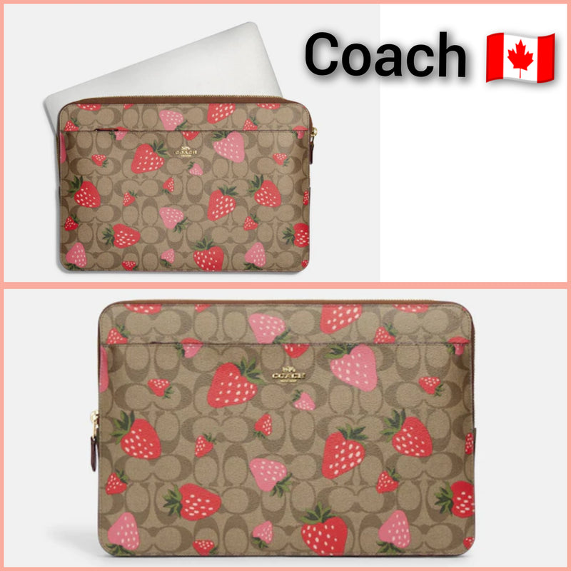 Coach Laptop Sleeve In Signature Canvas With Wild Strawberry Print