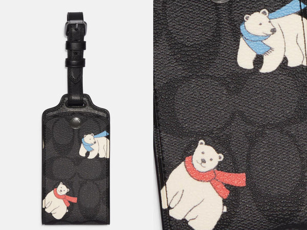 Coach Luggage Tag In Signature Canvas With Polar Bear Print