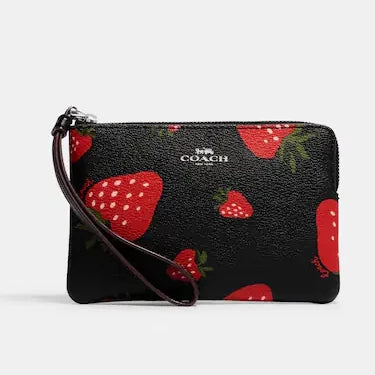 Coach Corner Zip Wristlet In Signature Canvas With Wild Strawberry