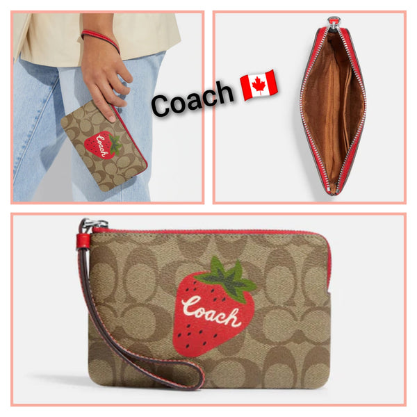 Coach Corner Zip Wristlet In Signature Canvas With Wild Strawberry