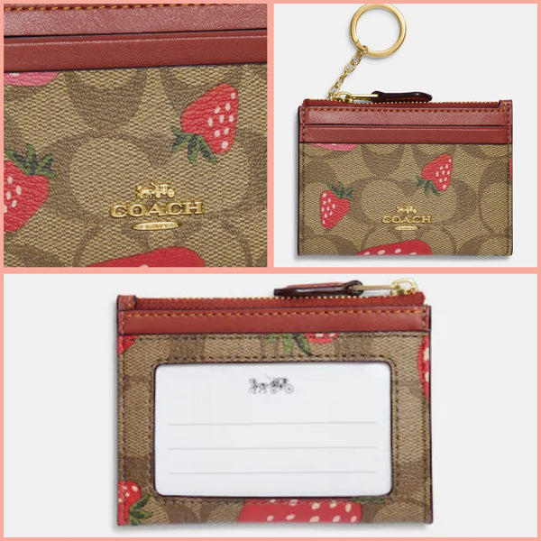 Coach Mini Skinny Id Case In Signature Canvas With Wild Strawberry Print