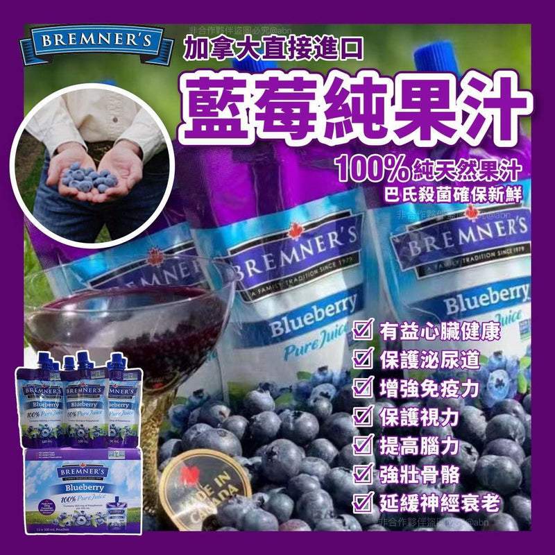 🚢(船運)加拿大🇨🇦Bremner's 100% Pure Blueberry🫐 Juice 無添加純藍莓果汁(1箱12包) (100ml x 12)