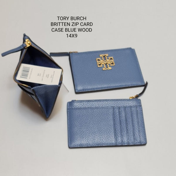 Tory Burch Britten Zip Card Case in Pebbled Leather (Blue)