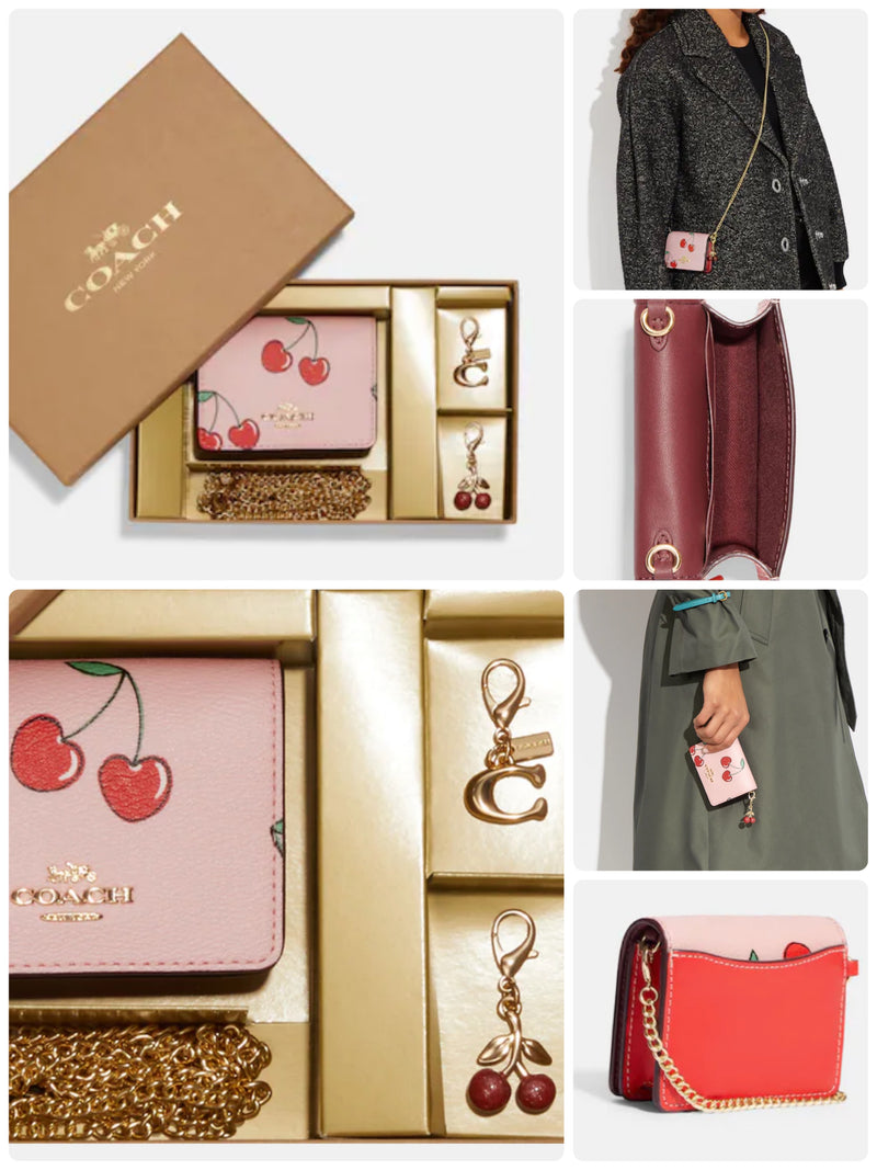 COACH Boxed Mini Wallet On A Chain With Heart Cherry Print