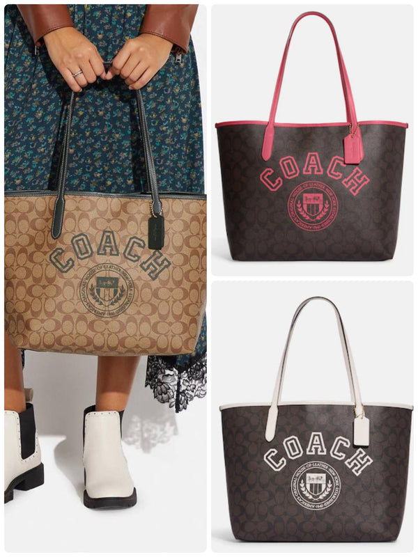 Coach City Tote In Signature Canvas With Varsity Motif