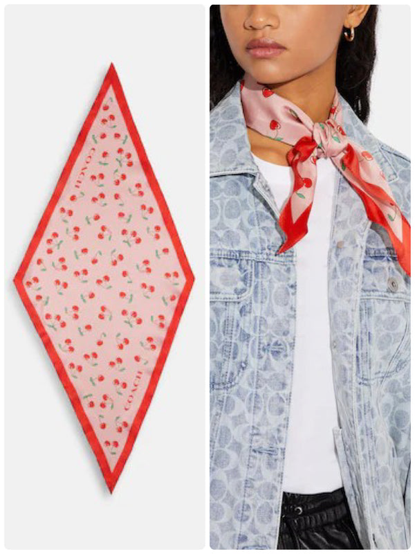 Coach Signature Heart Cherry Print Silk Diamond Scarf