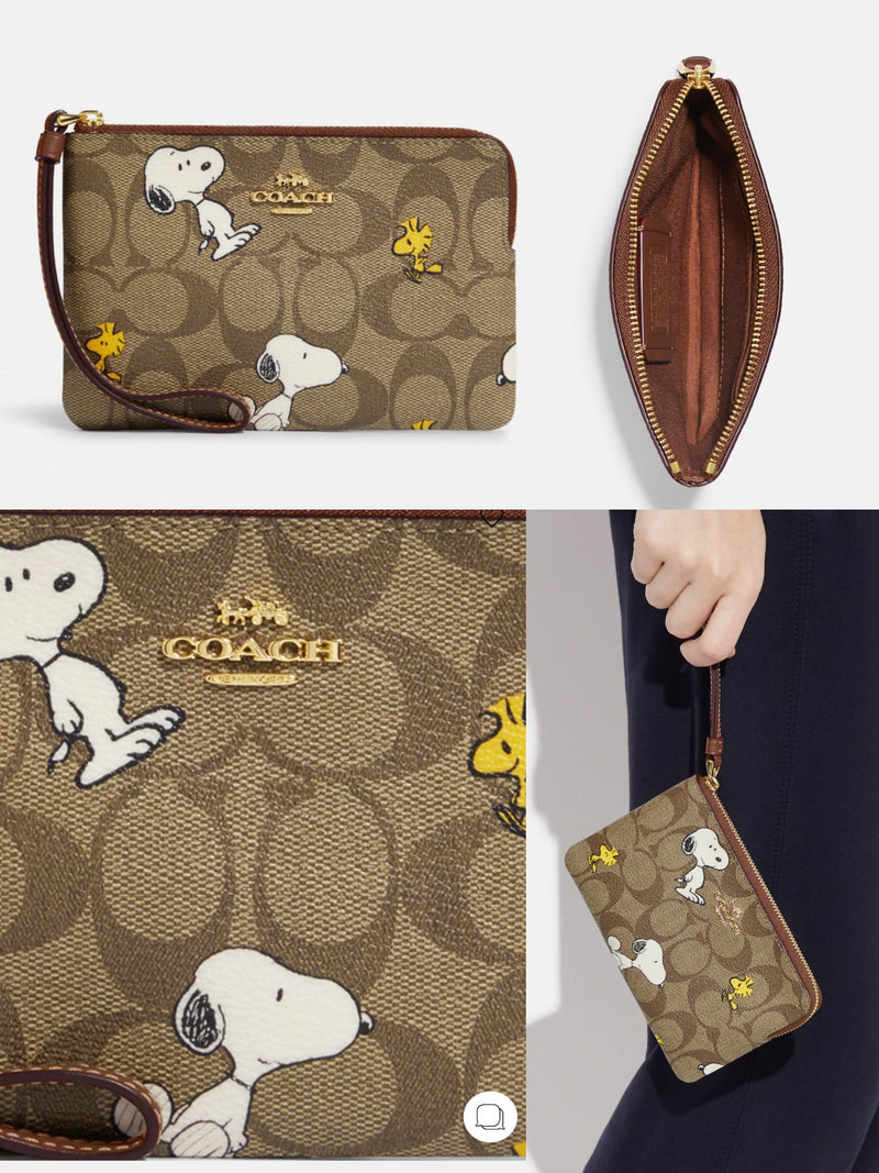 CC214 Coach X Peanuts Corner Zip Wristlet With Snoopy Woodstock Print