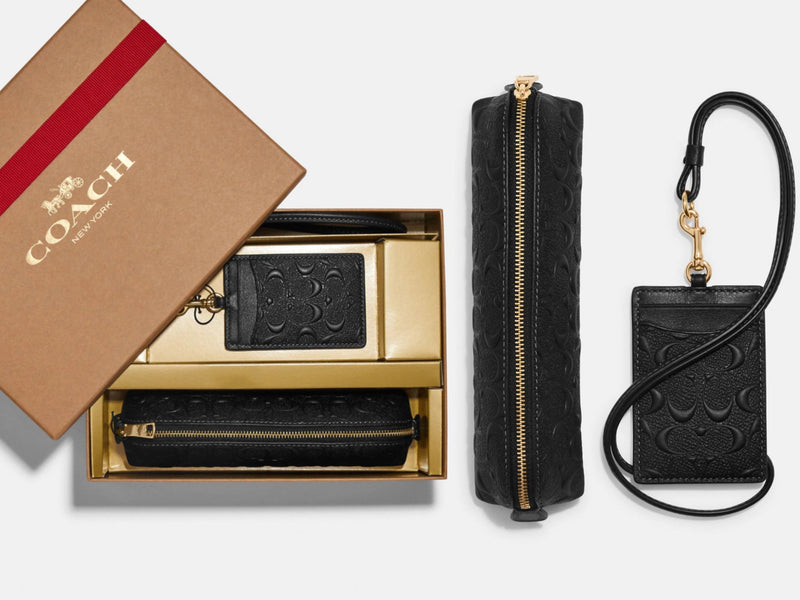 Coach Boxed Pencil Case And Id Lanyard Set In Signature Leather