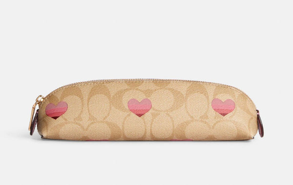 Coach Pencil Case In Signature Canvas With Stripe Heart Print