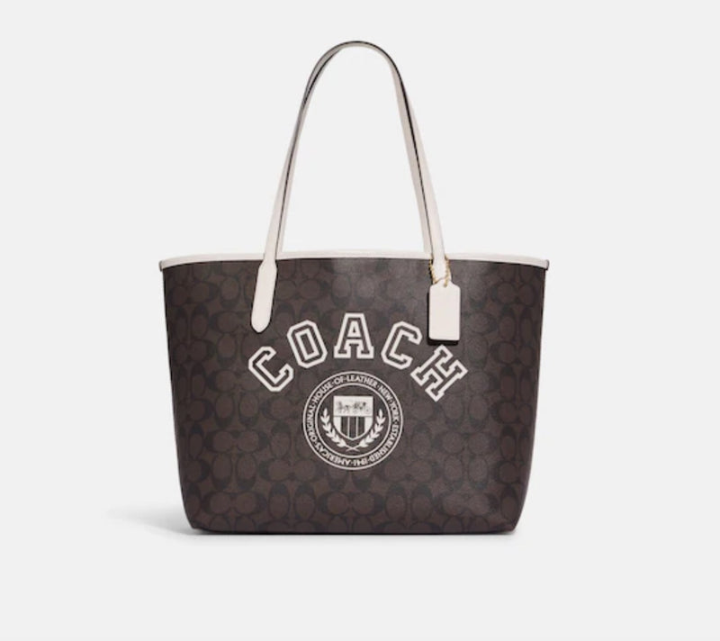 City tote in signature canvas with varsity motif Clearance