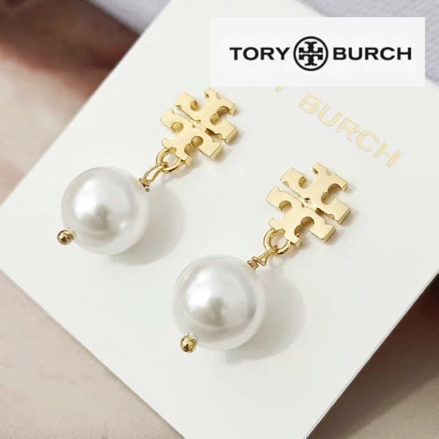 TORY BURCH earrings logo pearl drop Earring