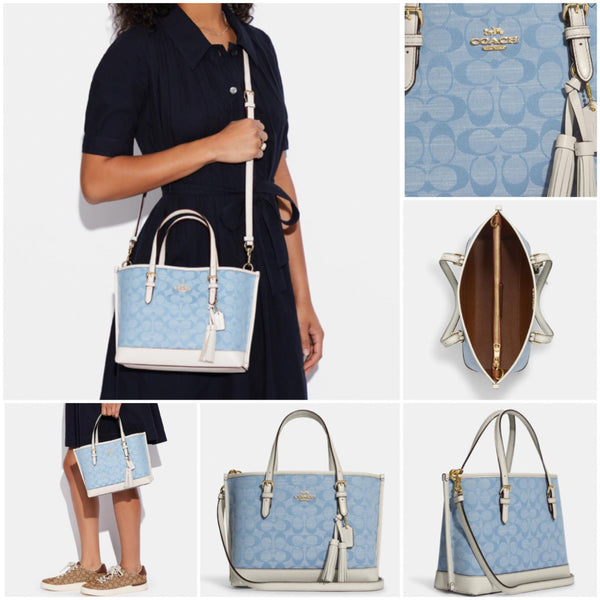 Coach Mollie Tote 25 In Signature Chambray & Leather Denim Chalk (Denim)