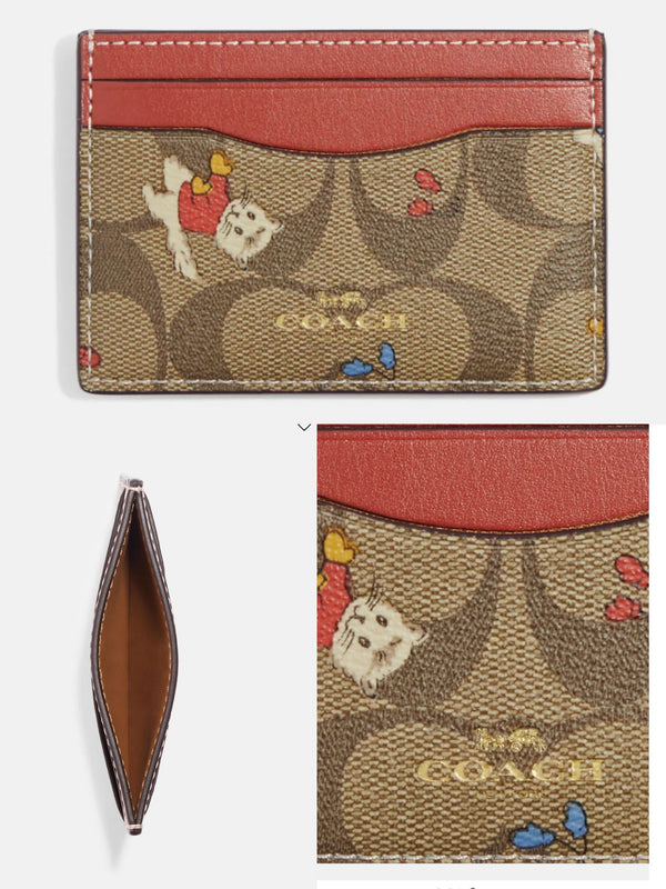 Coach Card Case In Signature Canvas With Cat Mittens Print