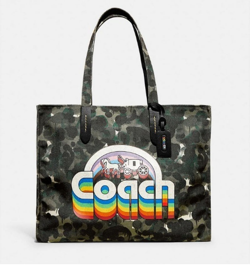 Coach Tote 42 With Camo Print And Rainbow Horse And Carriage (Green)