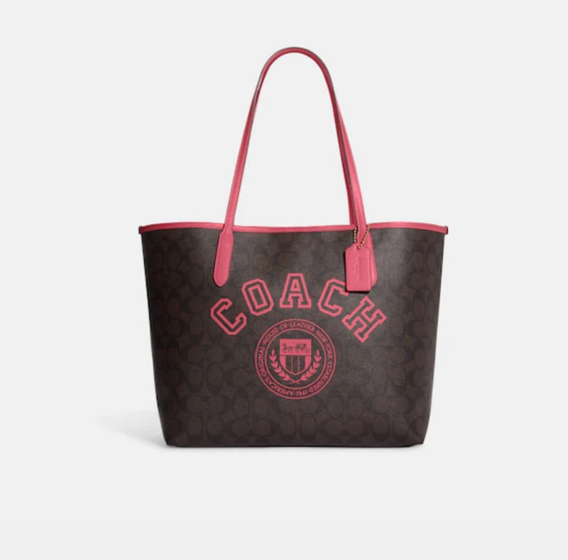 Coach City Tote In Signature Canvas With Varsity Motif